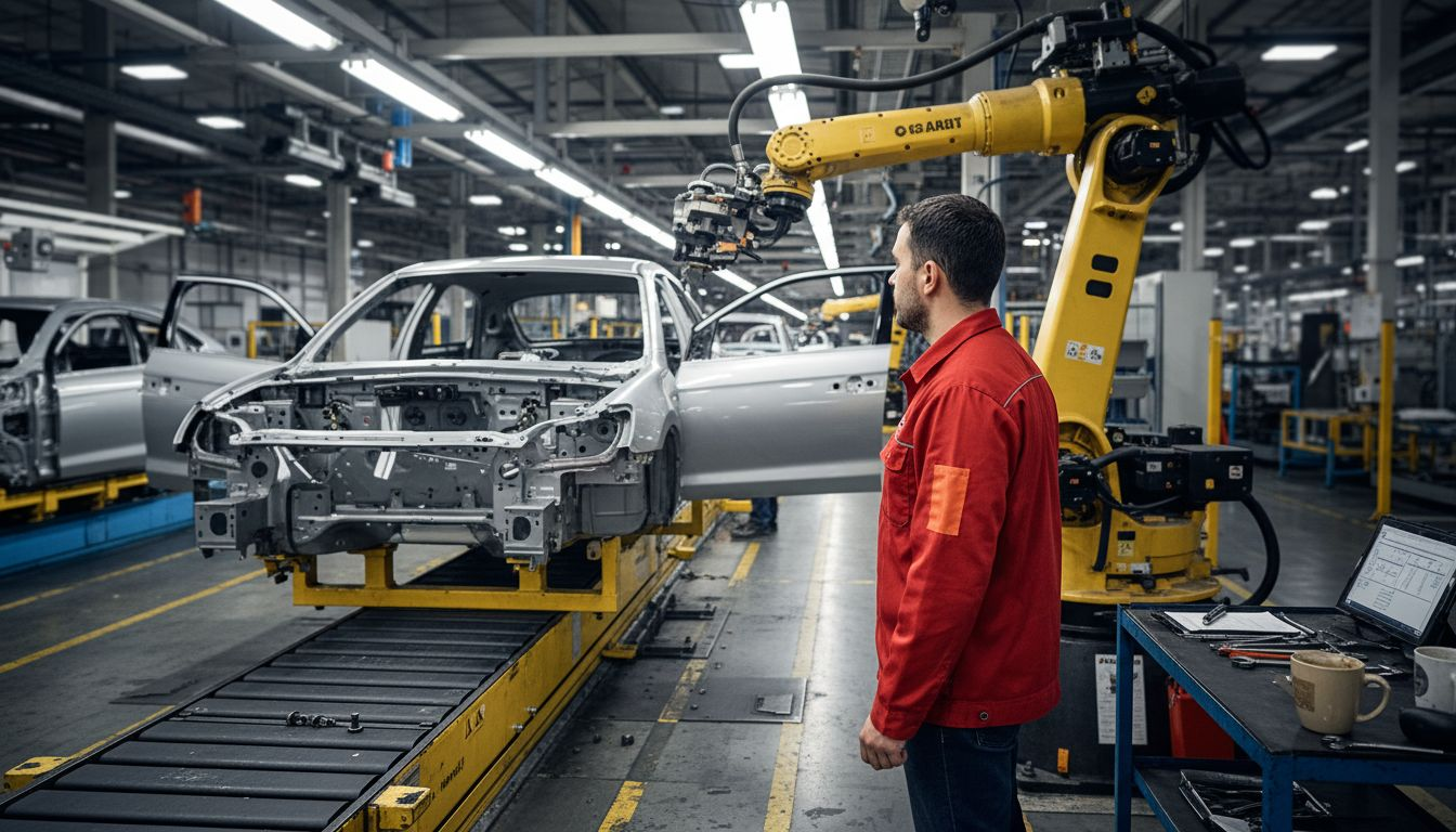 Worker supervising robot on car assembly line