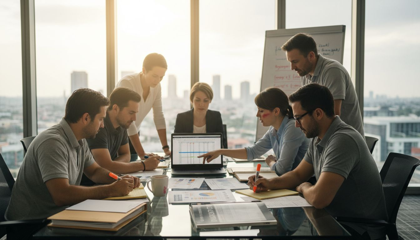 Finance team collaborating on financial reports