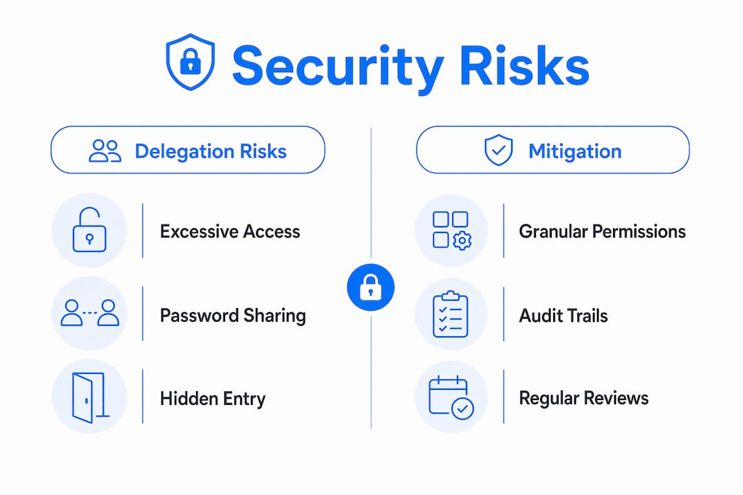 Infographic comparing inbox delegation security risks and mitigation