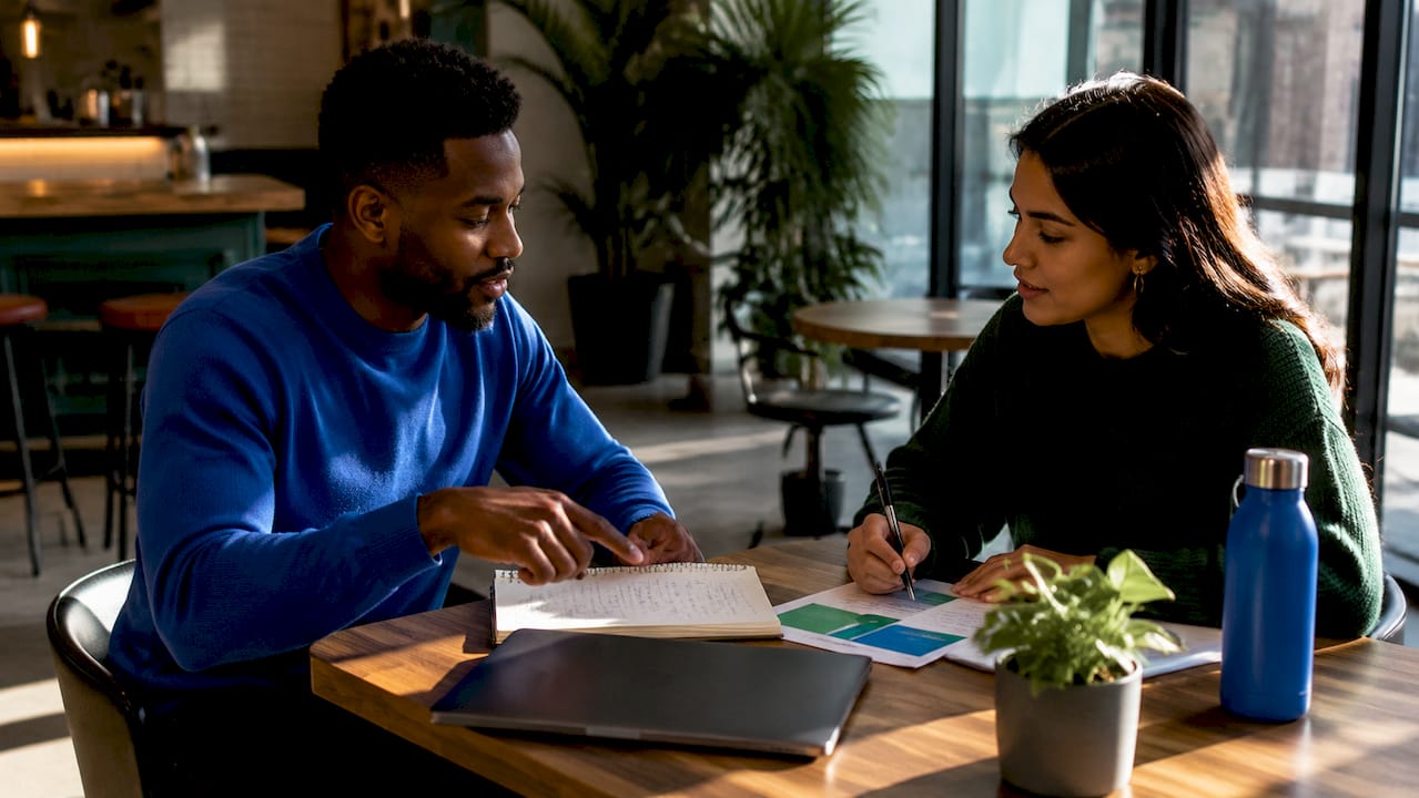 Two colleagues discussing inbox tools