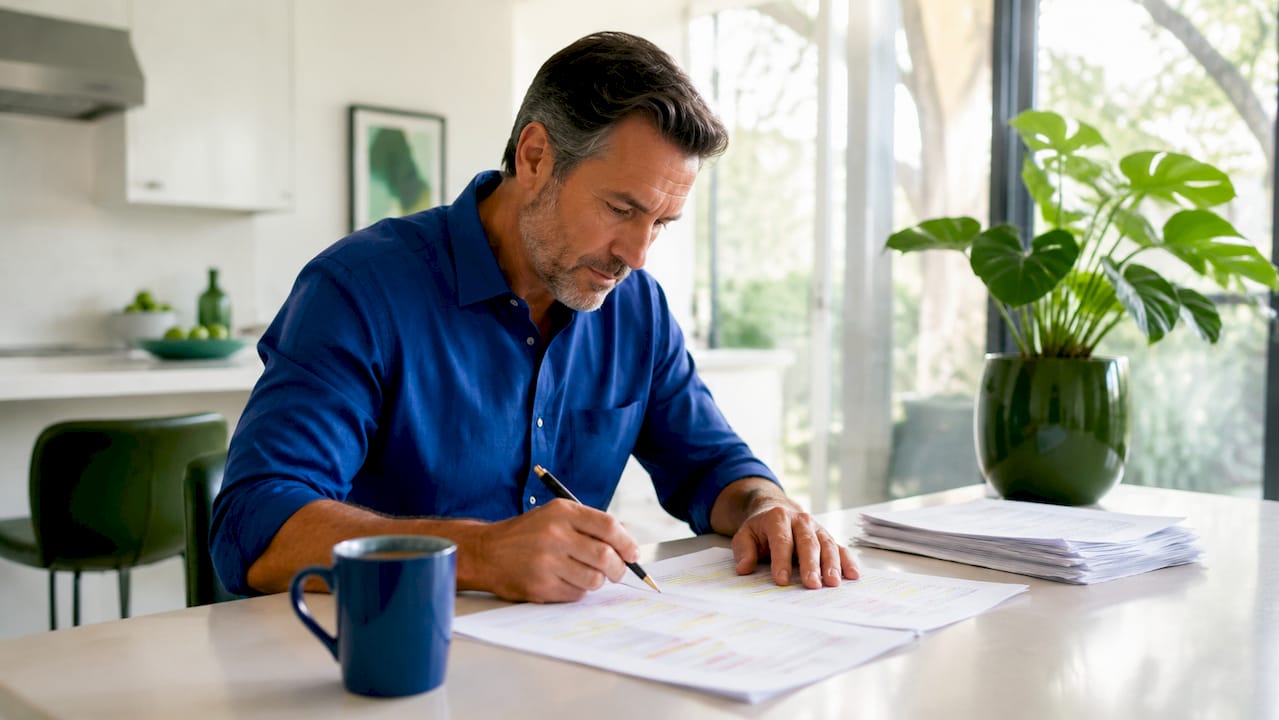 Man reviewing email handoff notes at home desk