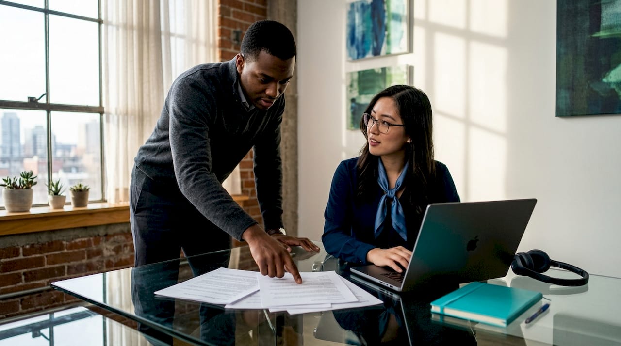 Two team members collaborating on email communication