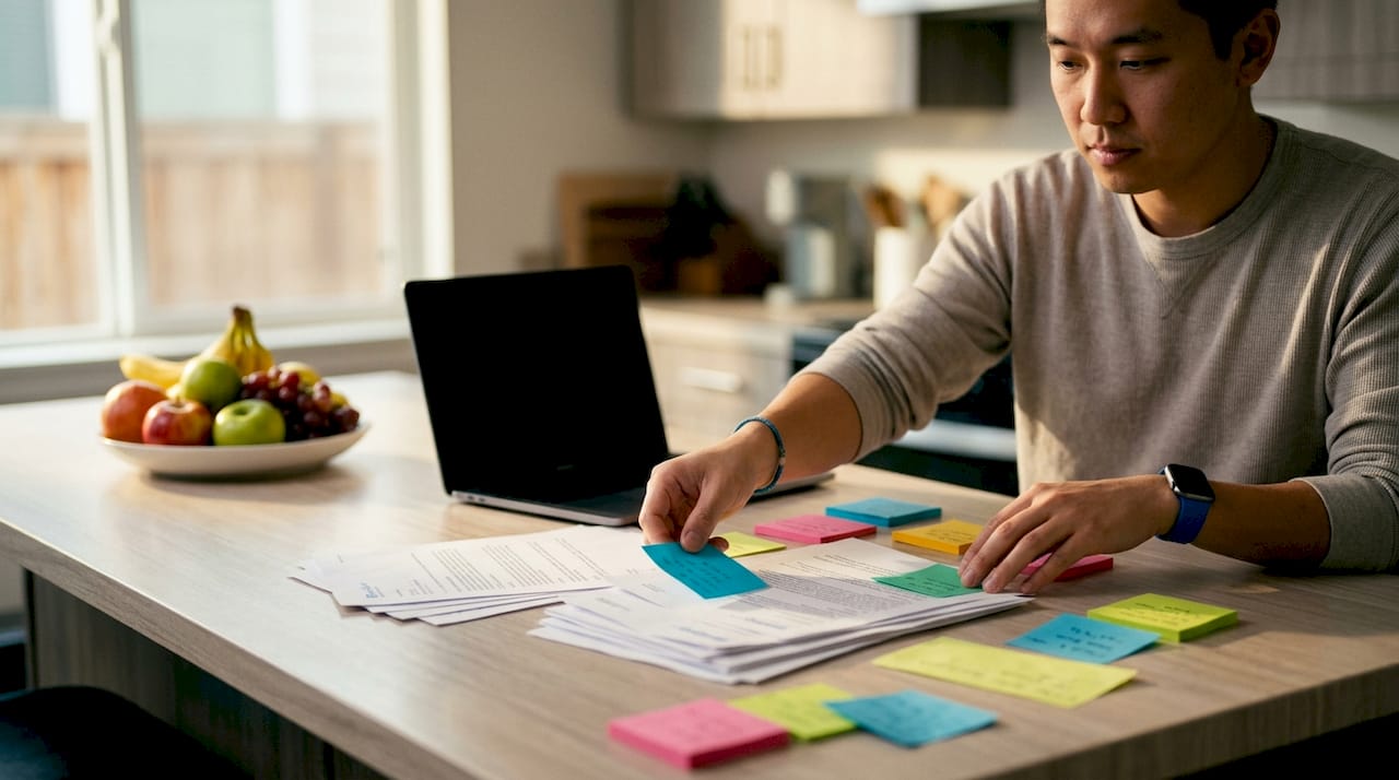 Hands sorting support emails and notes
