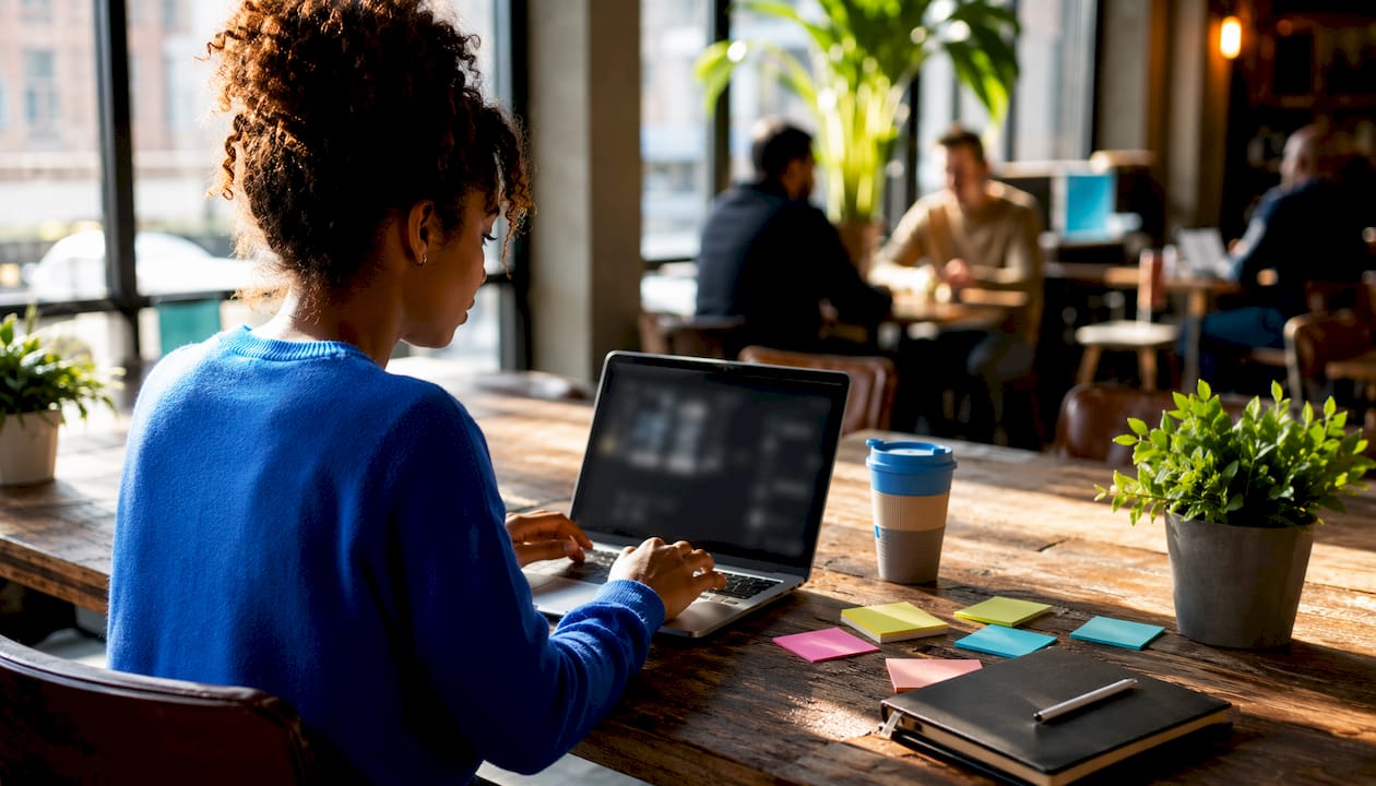 Woman viewing fragmented email threads at workspace
