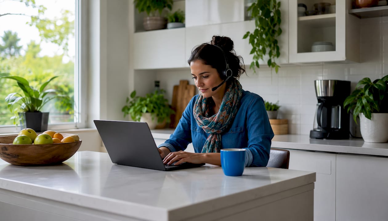 Hands typing on laptop in home support workspace