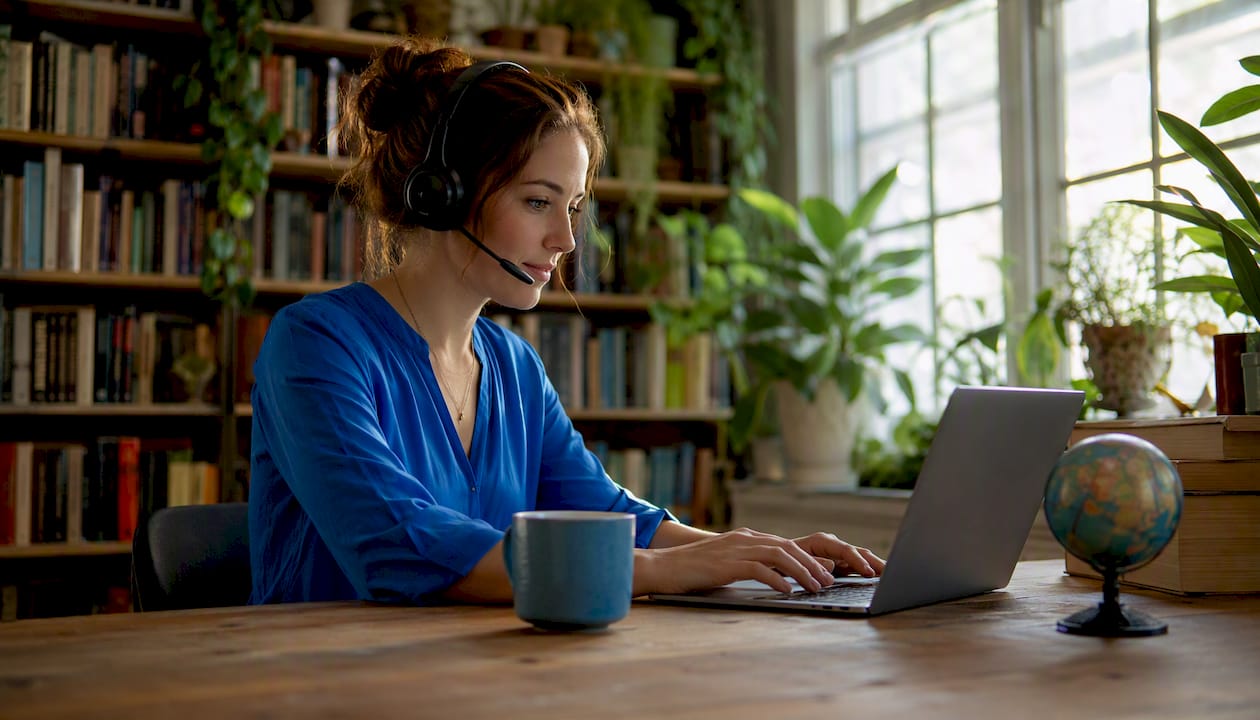 Customer support agent working at desk with headset