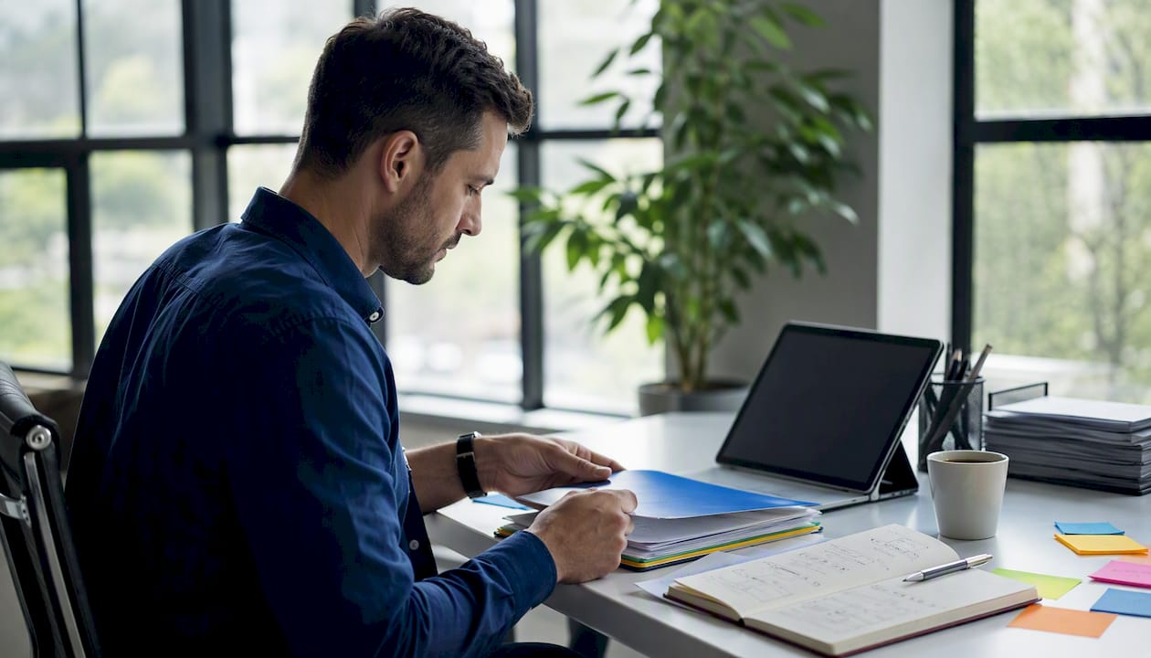 Hands organizing email folders with notes