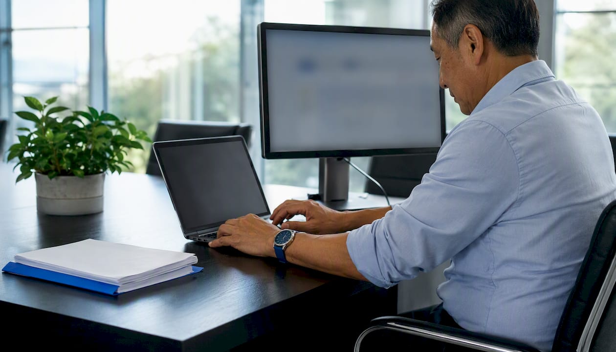 Hands typing on desktop enterprise helpdesk system