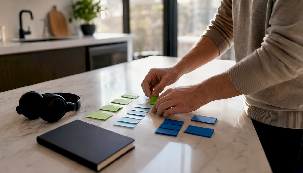 Hands arranging color-coded labels on desk