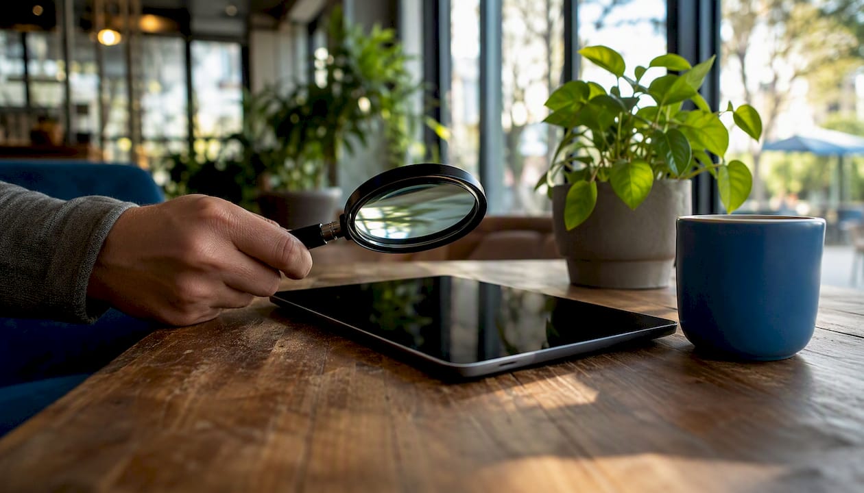 Hand with magnifying glass over tablet on desk