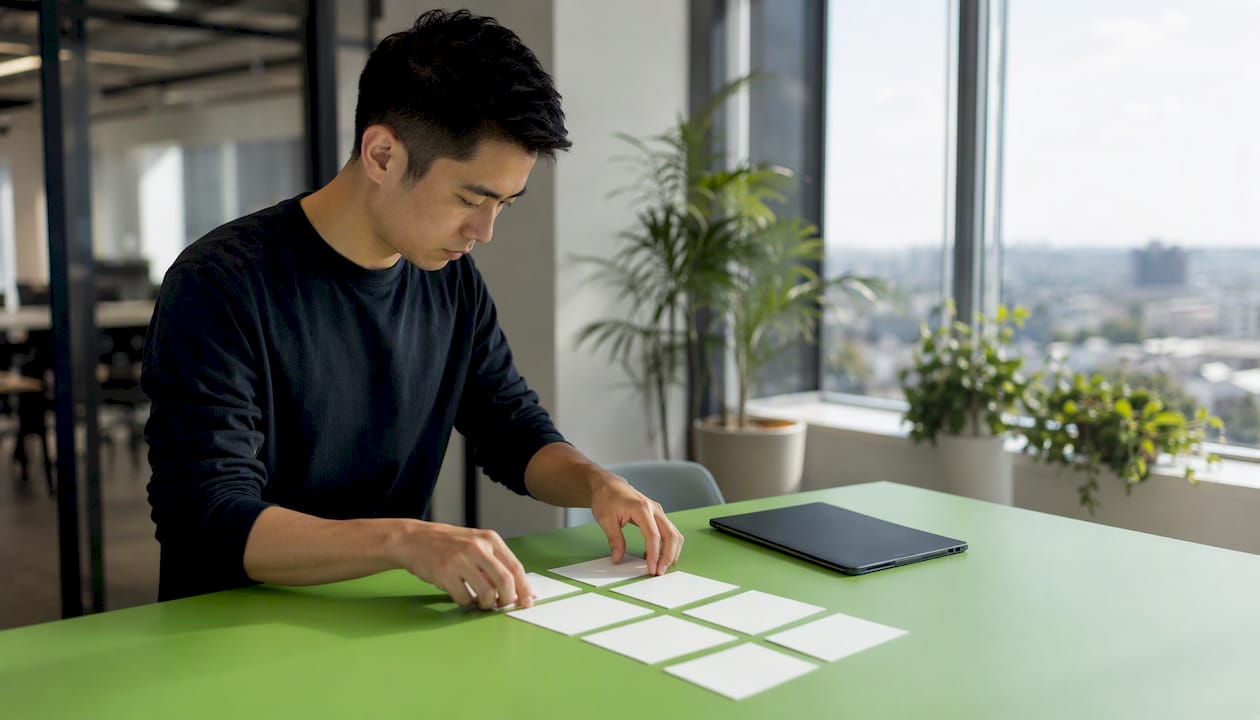 Hands preparing blank cards and tablet