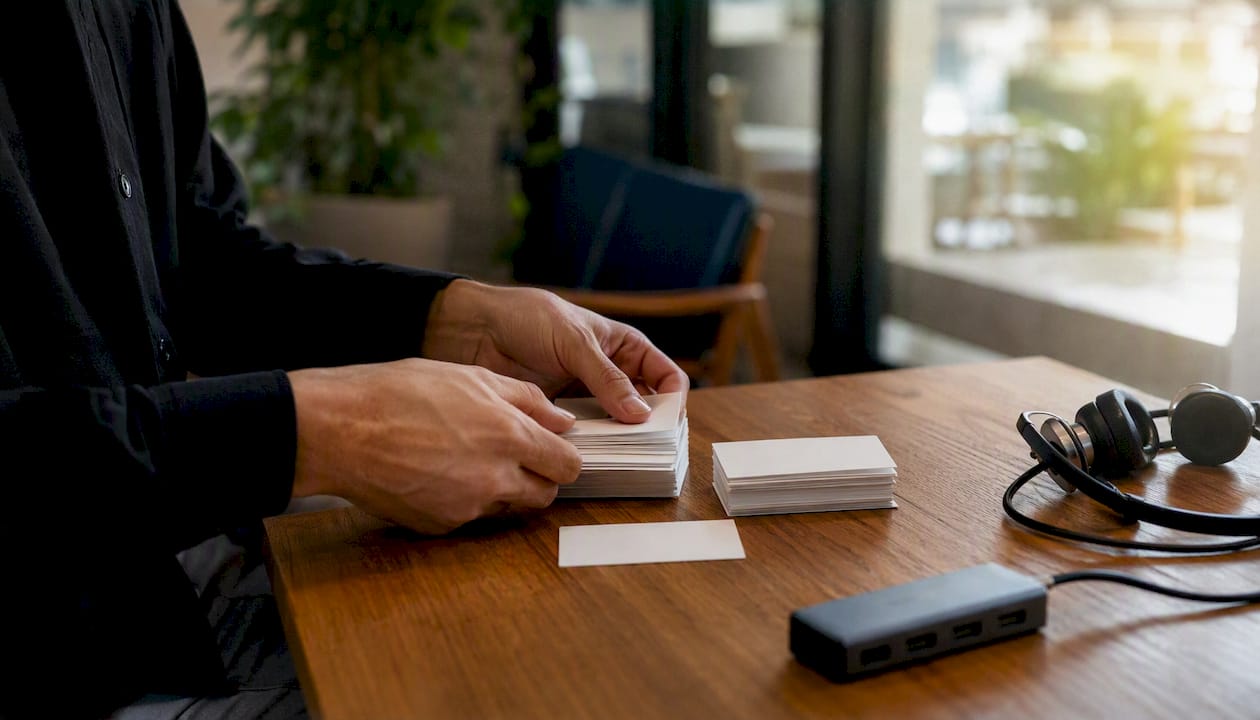 Hands tagging cards on desk
