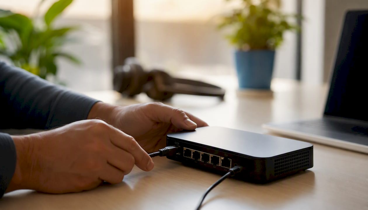 Hands unplugging cable on desk