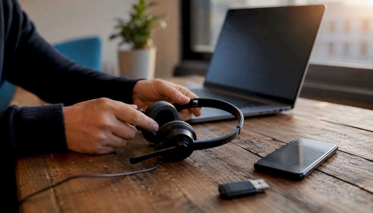 Hands holding headset on desk