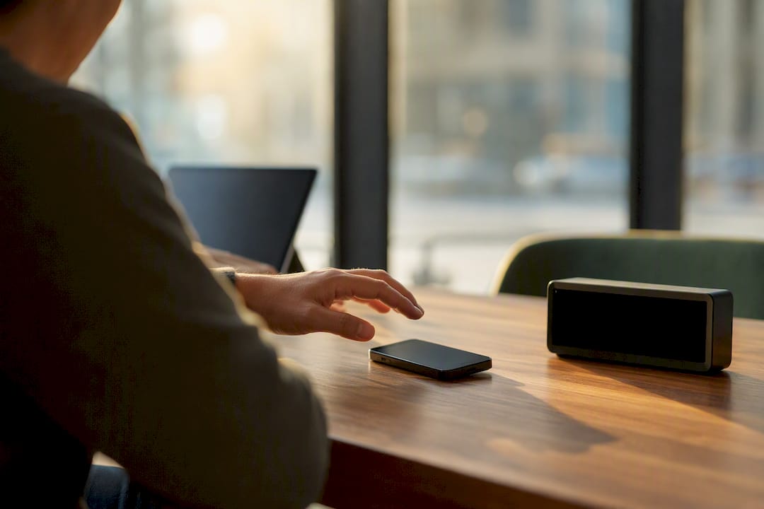 Hand holding smartphone on desk with calendar