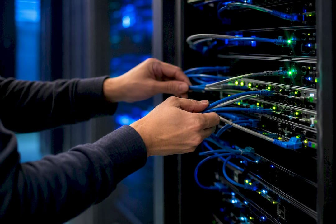 Hands managing network cables in data center