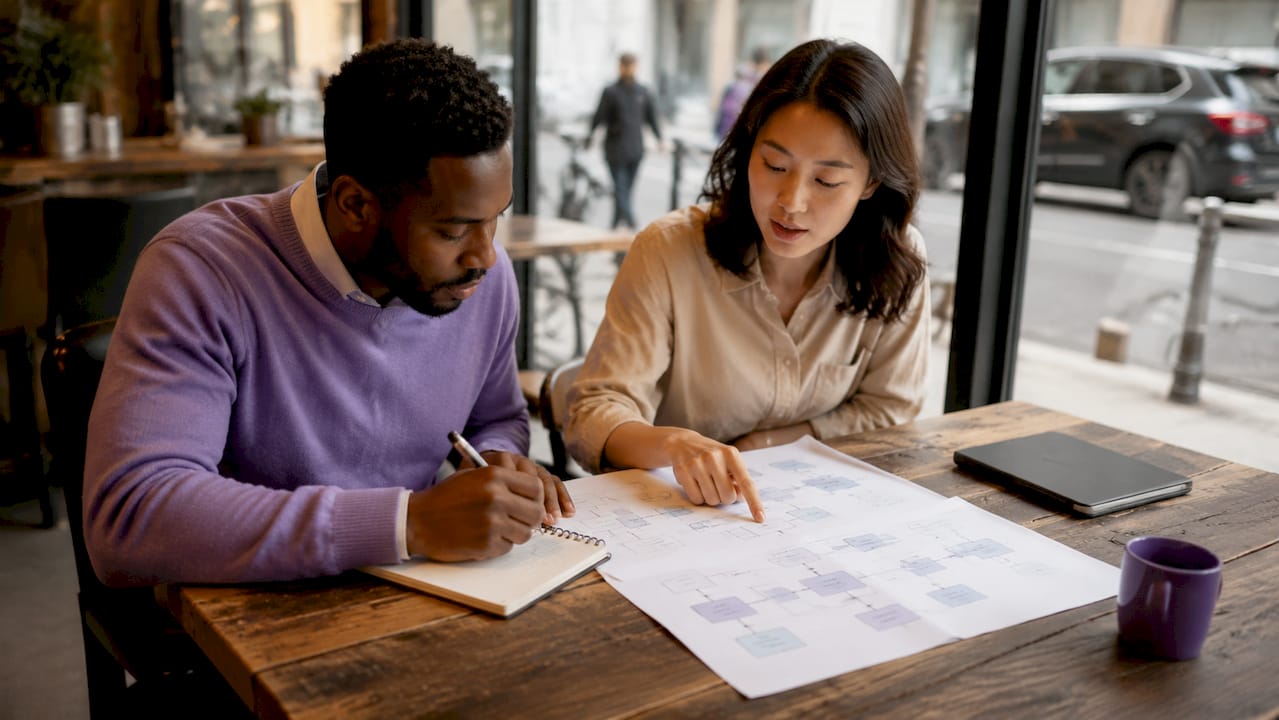 Two professionals reviewing onboarding workflow documents