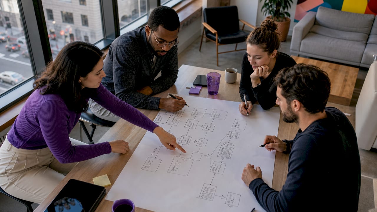 Team collaborating on workflow diagram in meeting room