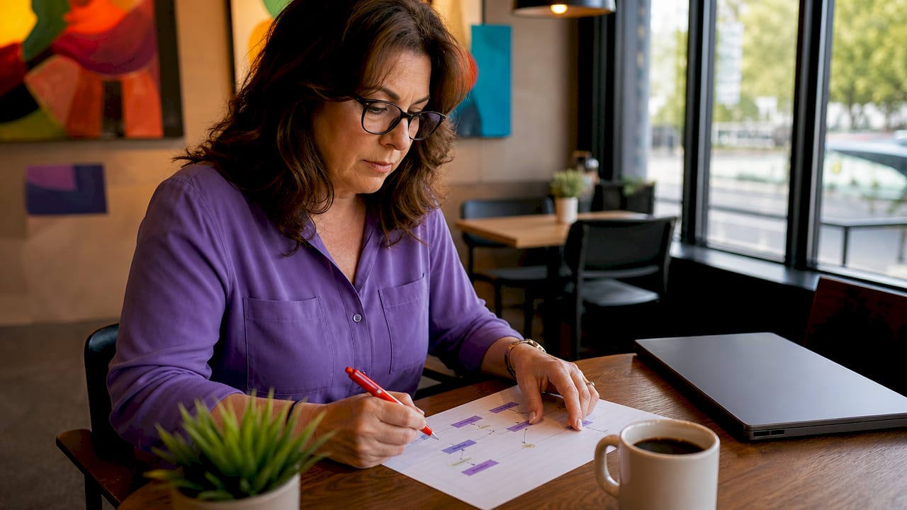 Project manager reviewing printed approval workflow
