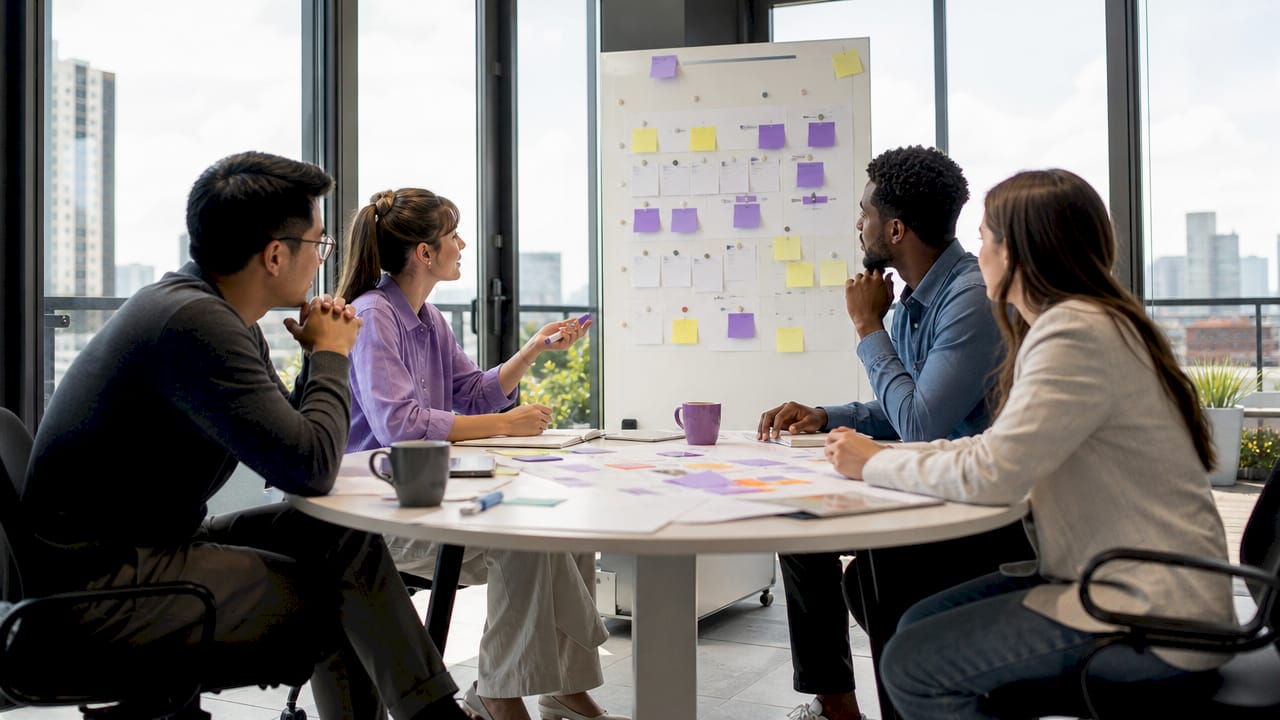 Team reviewing client onboarding checklist in office