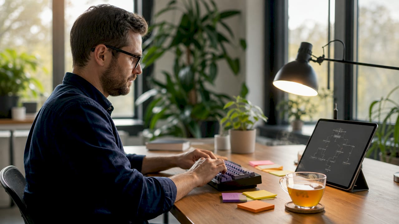 Hands typing amid workflow process notes