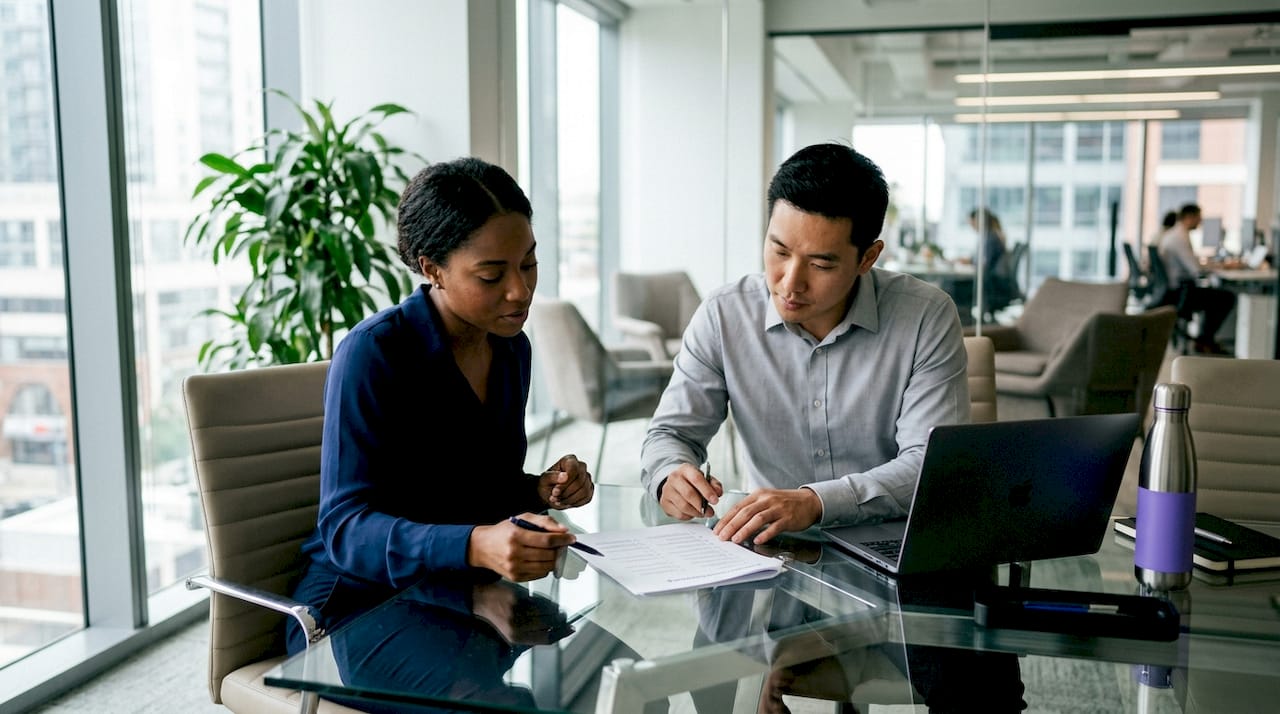Hands reviewing onboarding checklist document