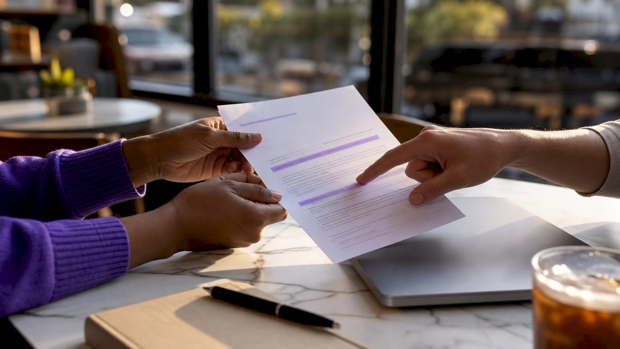 Hands exchanging client onboarding summary document