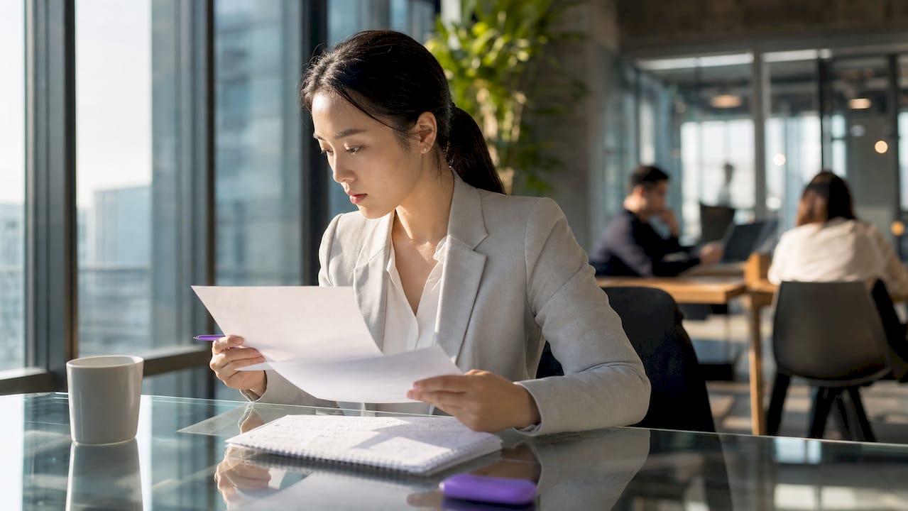 Woman reviewing onboarding automation documents