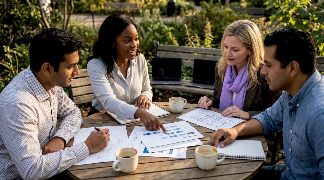 Team collaborating around table with workflow documents