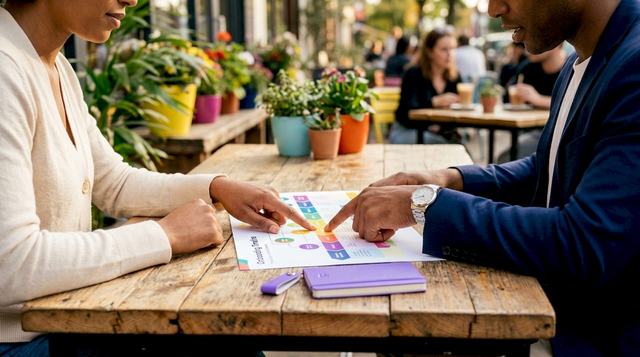 Two professionals discussing onboarding timeline document
