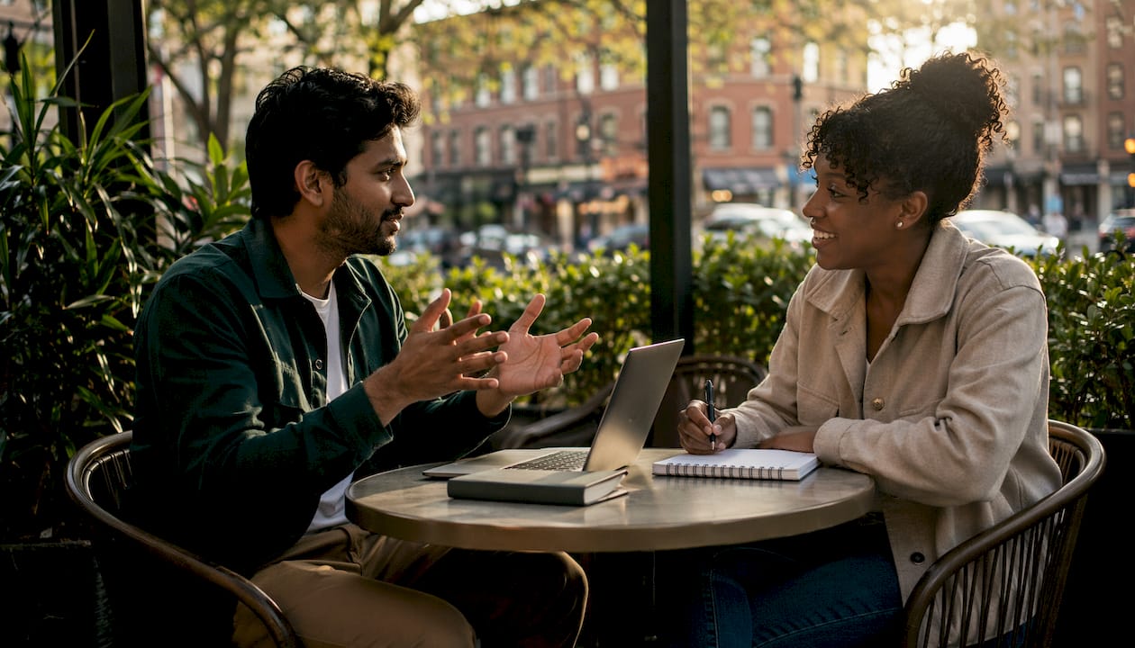 Two professionals discussing buyer persona documents