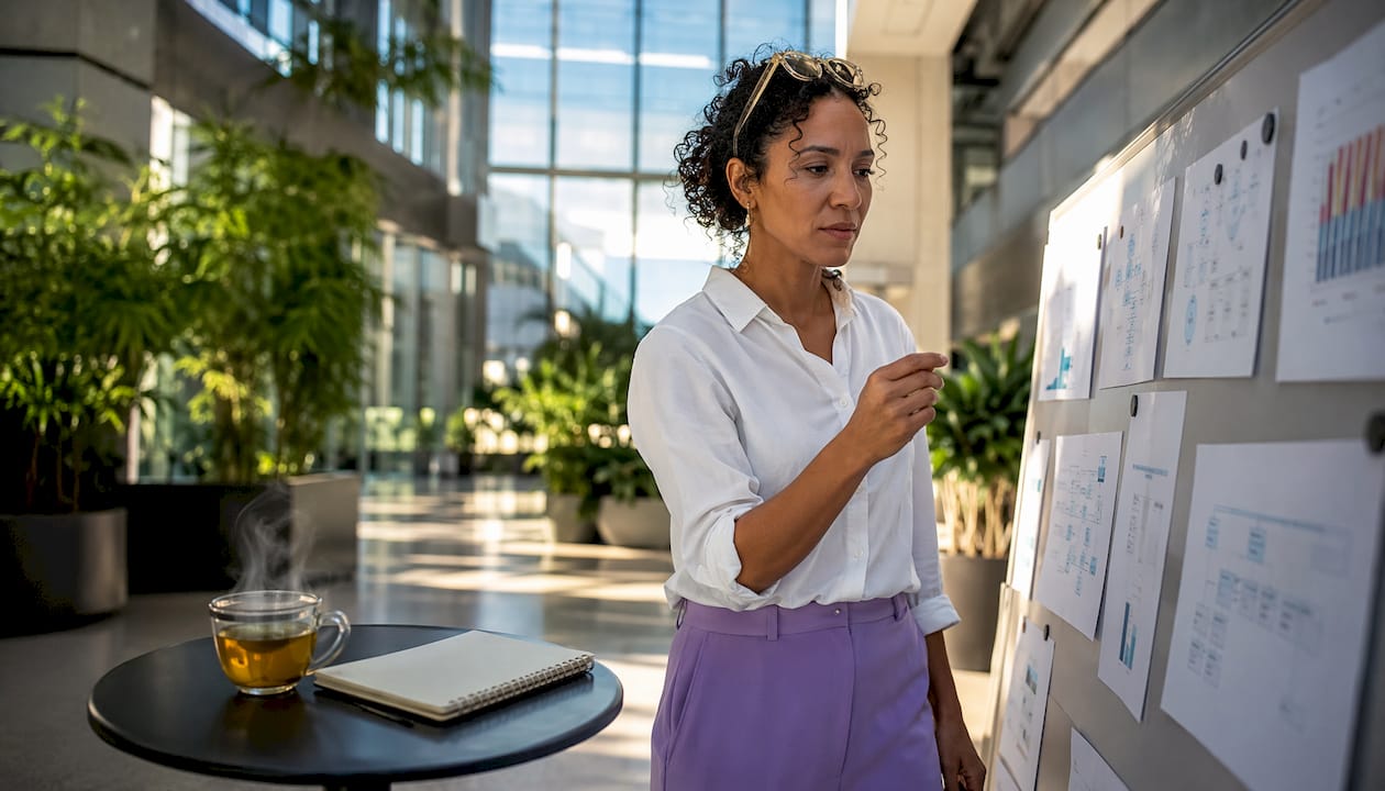 Businesswoman reviewing workflow analytics documents