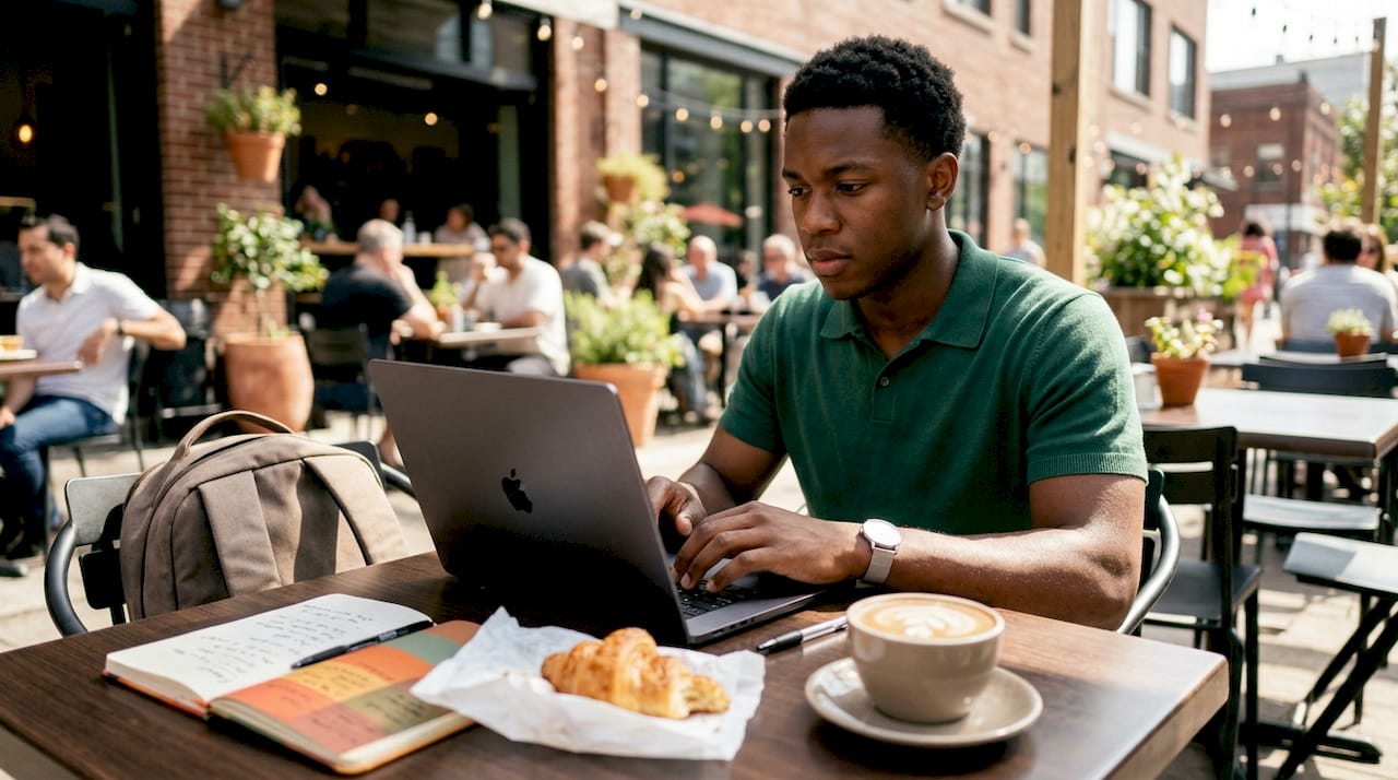 Sales rep working on AI cadence software in café