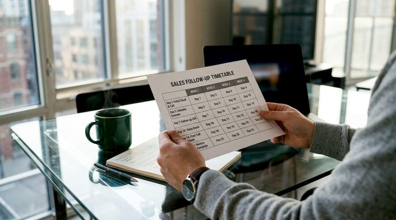 Hands viewing sales follow-up timetable