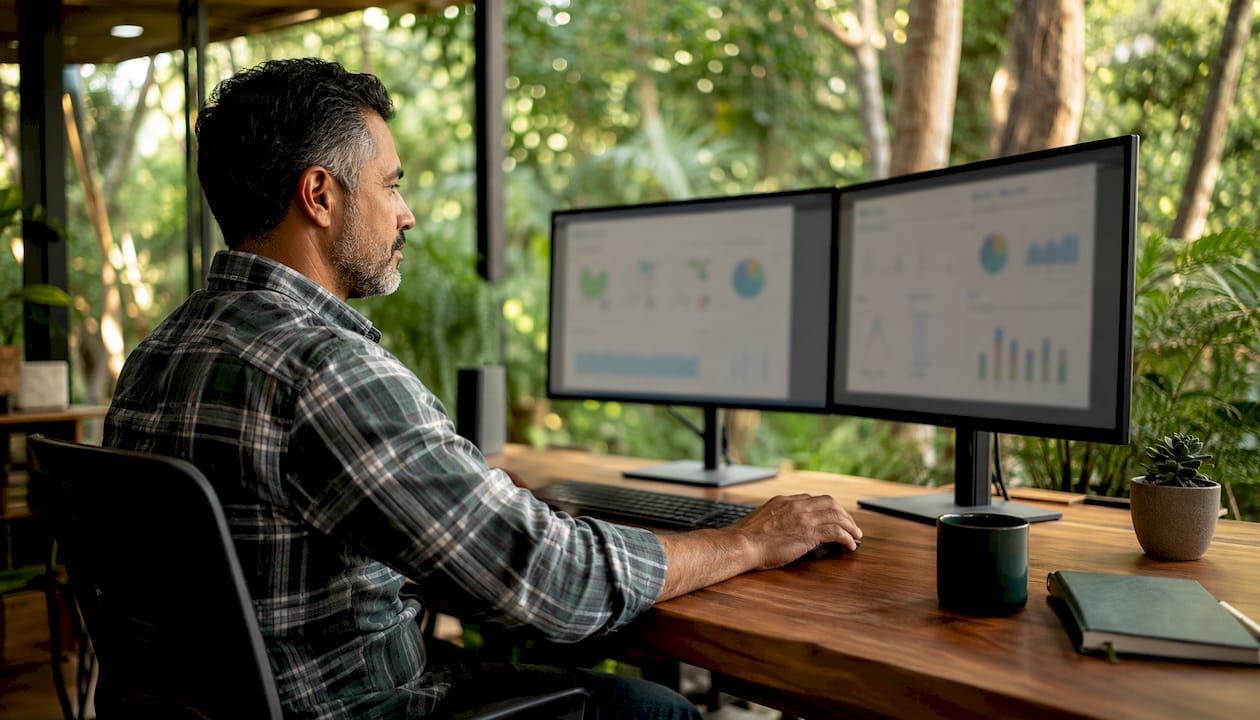 Hands interacting with sales tool comparison dashboards