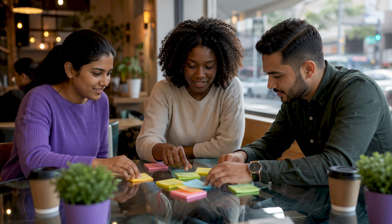 Team arranging workflow stage cards
