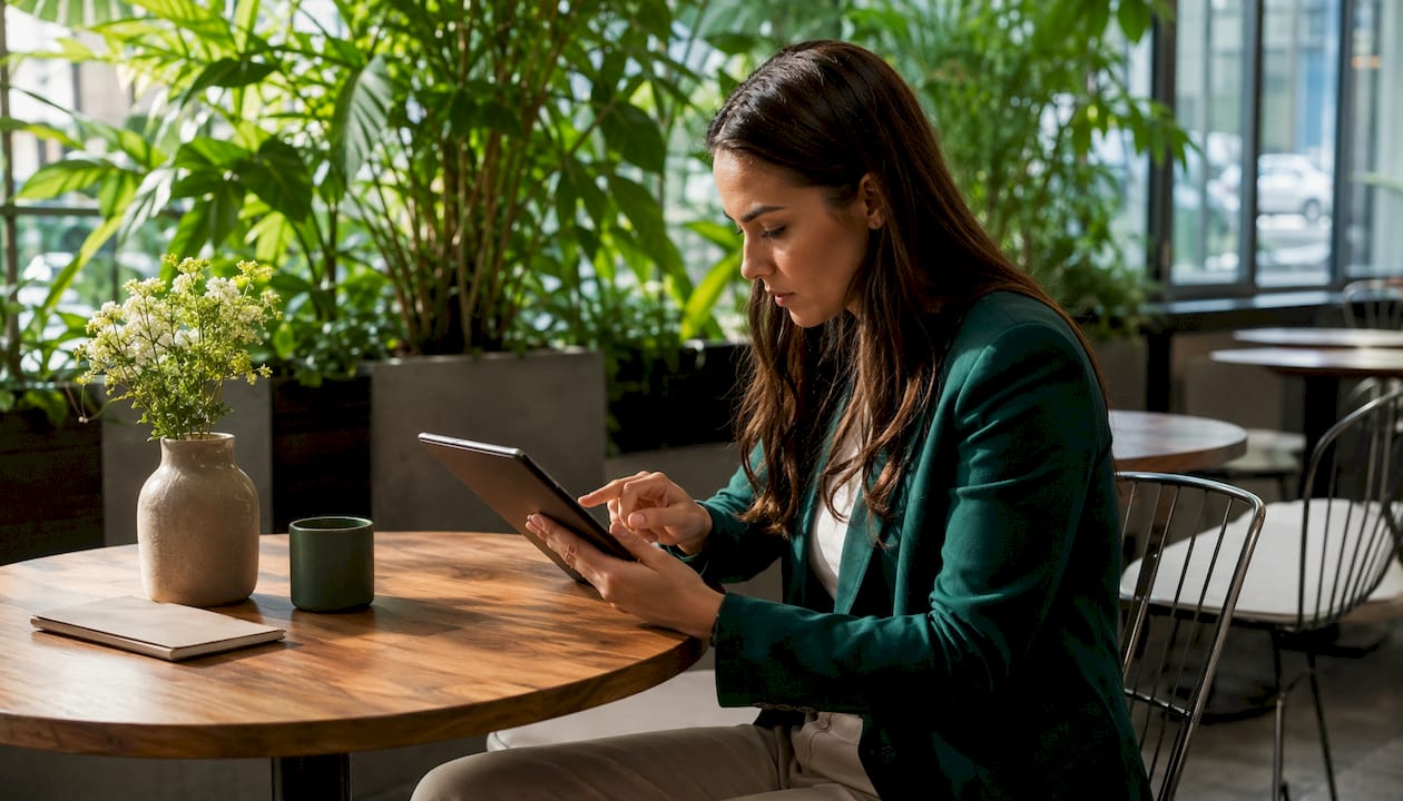 Woman selecting AI sales tools on tablet