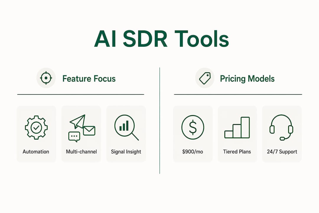 Infographic showing AI SDR tools features and pricing