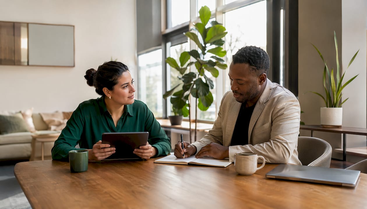 Two professionals planning LinkedIn outreach