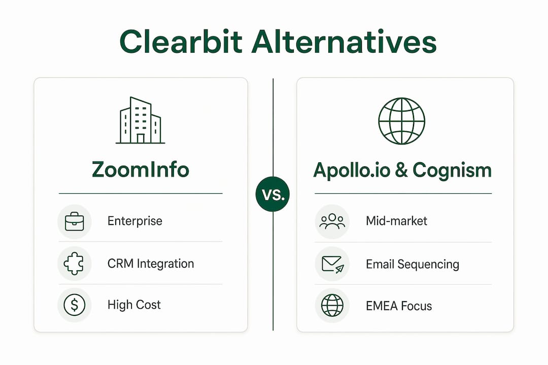 Infographic comparing Clearbit alternative tools by features and focus area