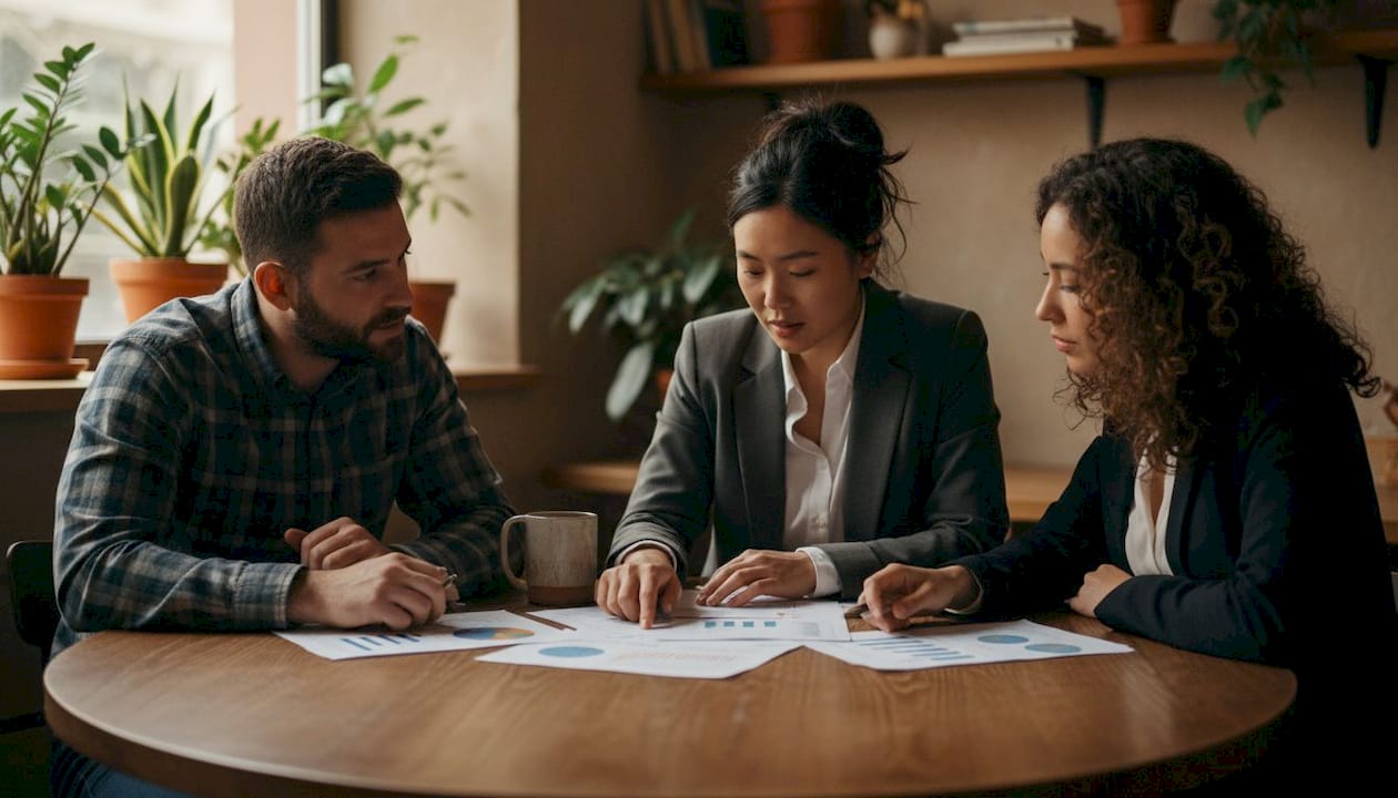 Diverse team discussing B2B data compliance documents collaboratively