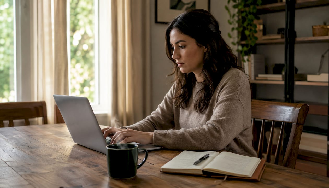 Hands typing on laptop for AI lead research