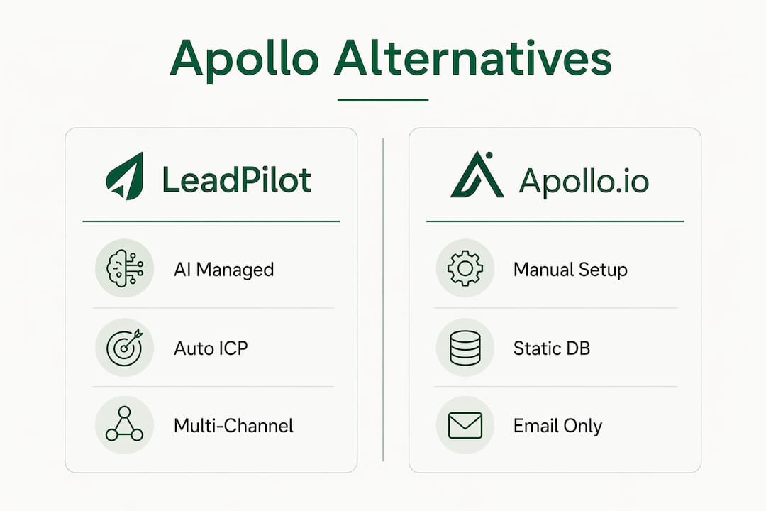 Infographic comparing LeadPilot and Apollo.io key features