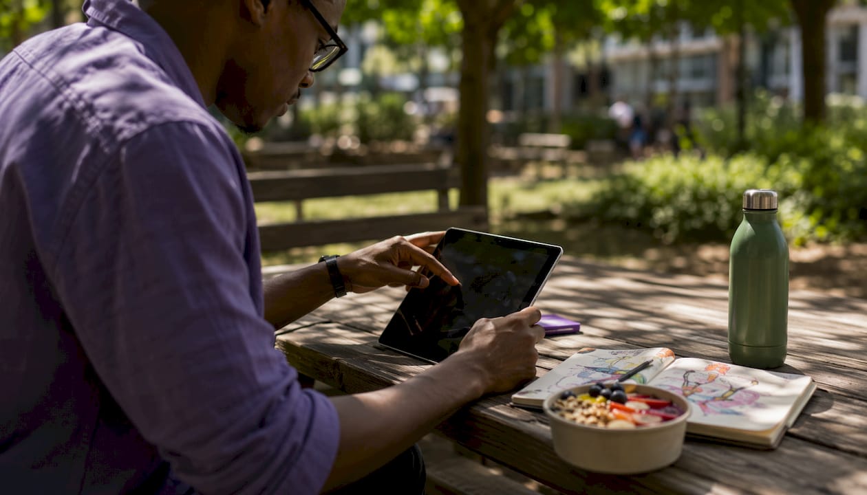 Close-up of hands using tablet for contractor onboarding outdoors