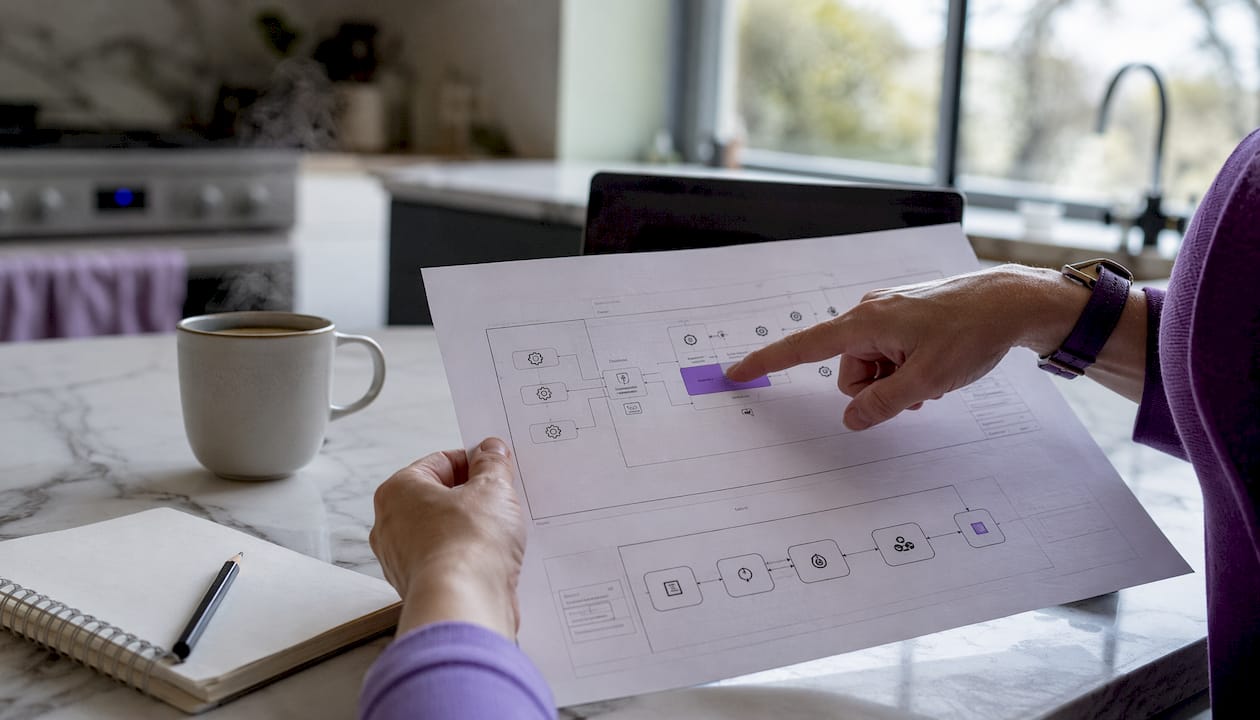 Hands pointing to workflow system diagrams on desk