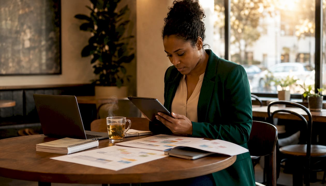 Sales manager reviewing platform profiles on tablet