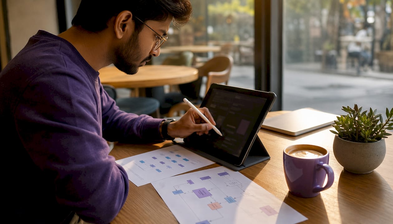 Hands interacting with workflow diagrams on a tablet