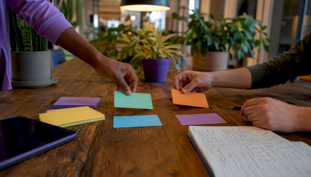 Hands organizing task routing rule cards overhead