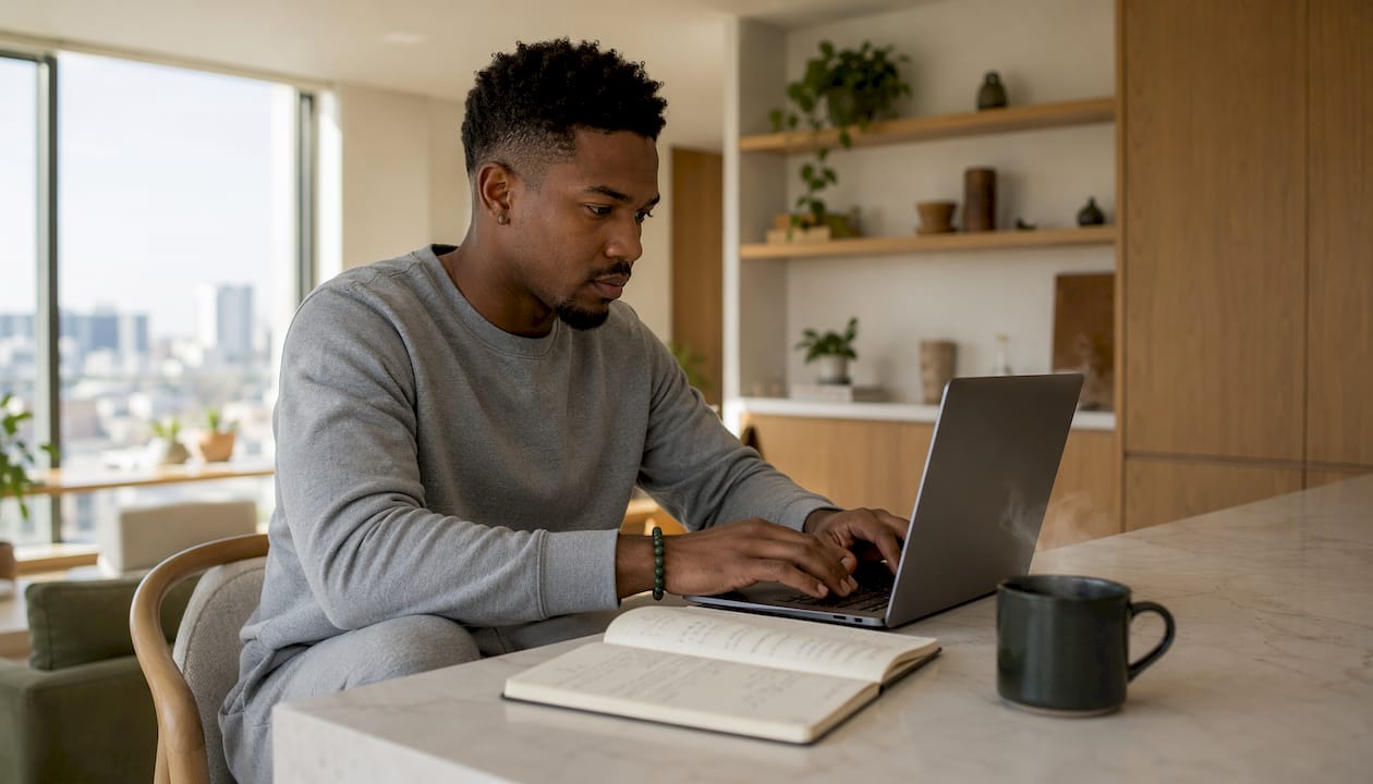 Entrepreneur using laptop to track emails at home