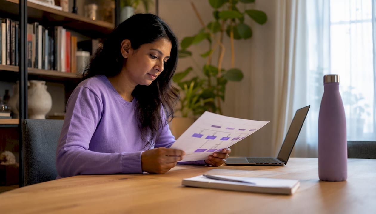 Woman reviewing workflow chart in office meeting room